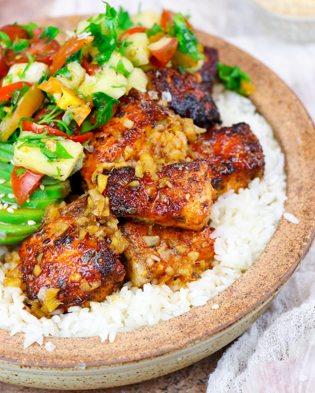 Blackened Salmon Bites Power Bowl with Ginger Glaze